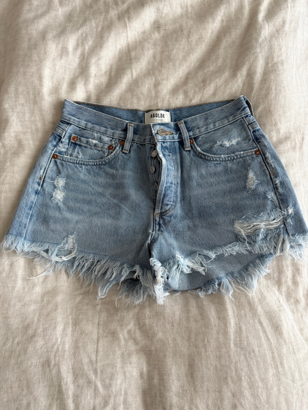 Agolde Light Wash Frayed Hem Denim Shorts